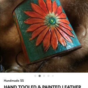 Handmade Tooled Leather Cuff with Orange Flower